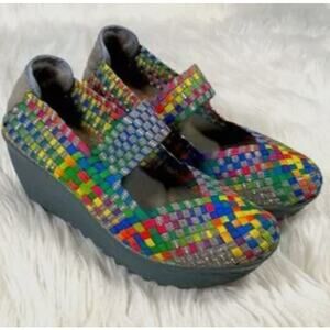 St John Bay Colorful Rainbow Festival Stretch Fabric Mary Jane Wedge Shoes 9